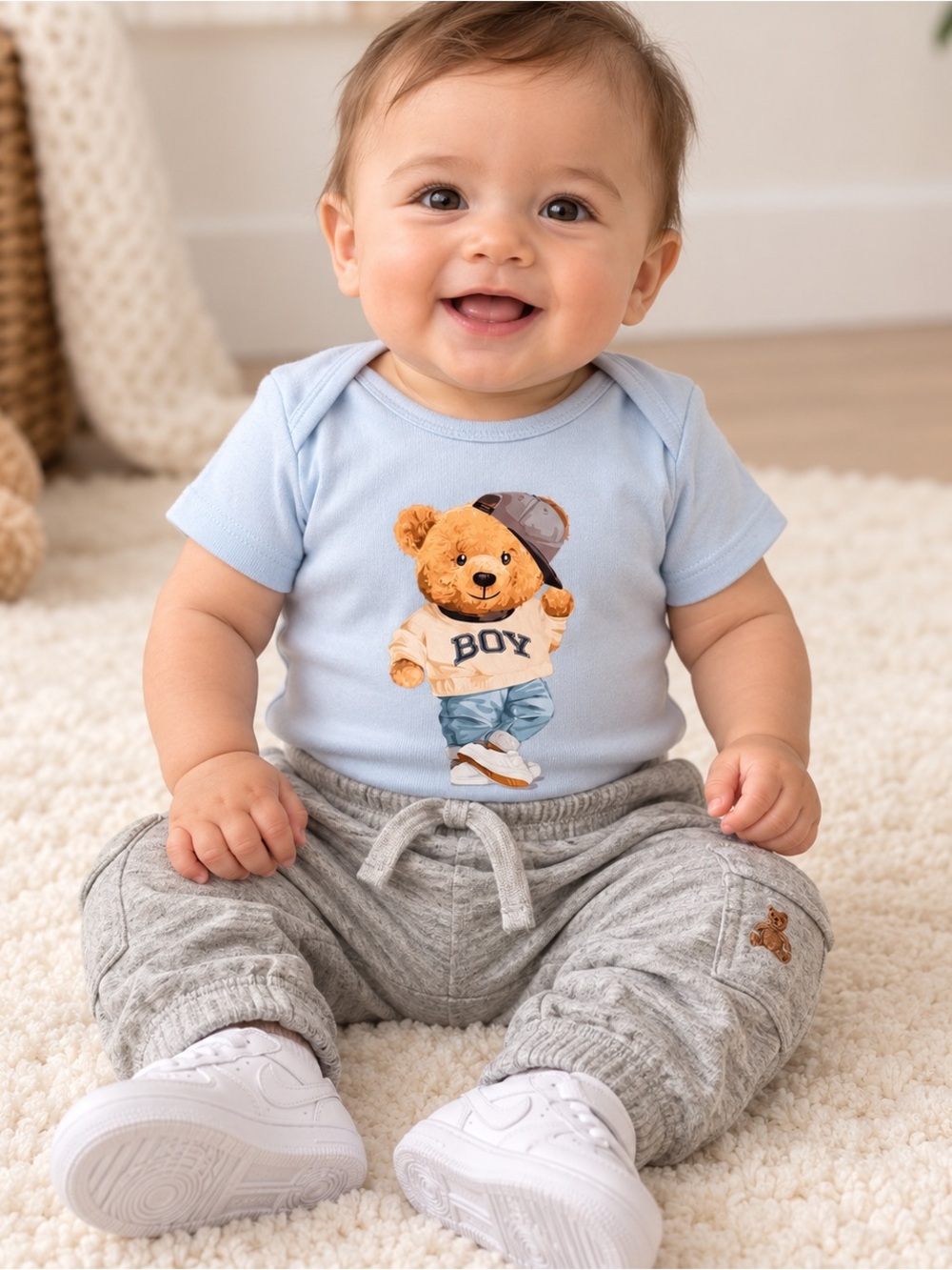 Light Blue Baby Bodysuit with Teddy Graphic